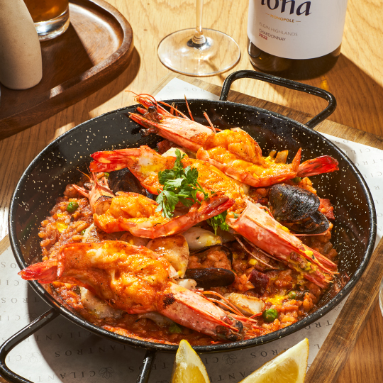 Seafood paella with prawns and mussels at Cilantros restaurant