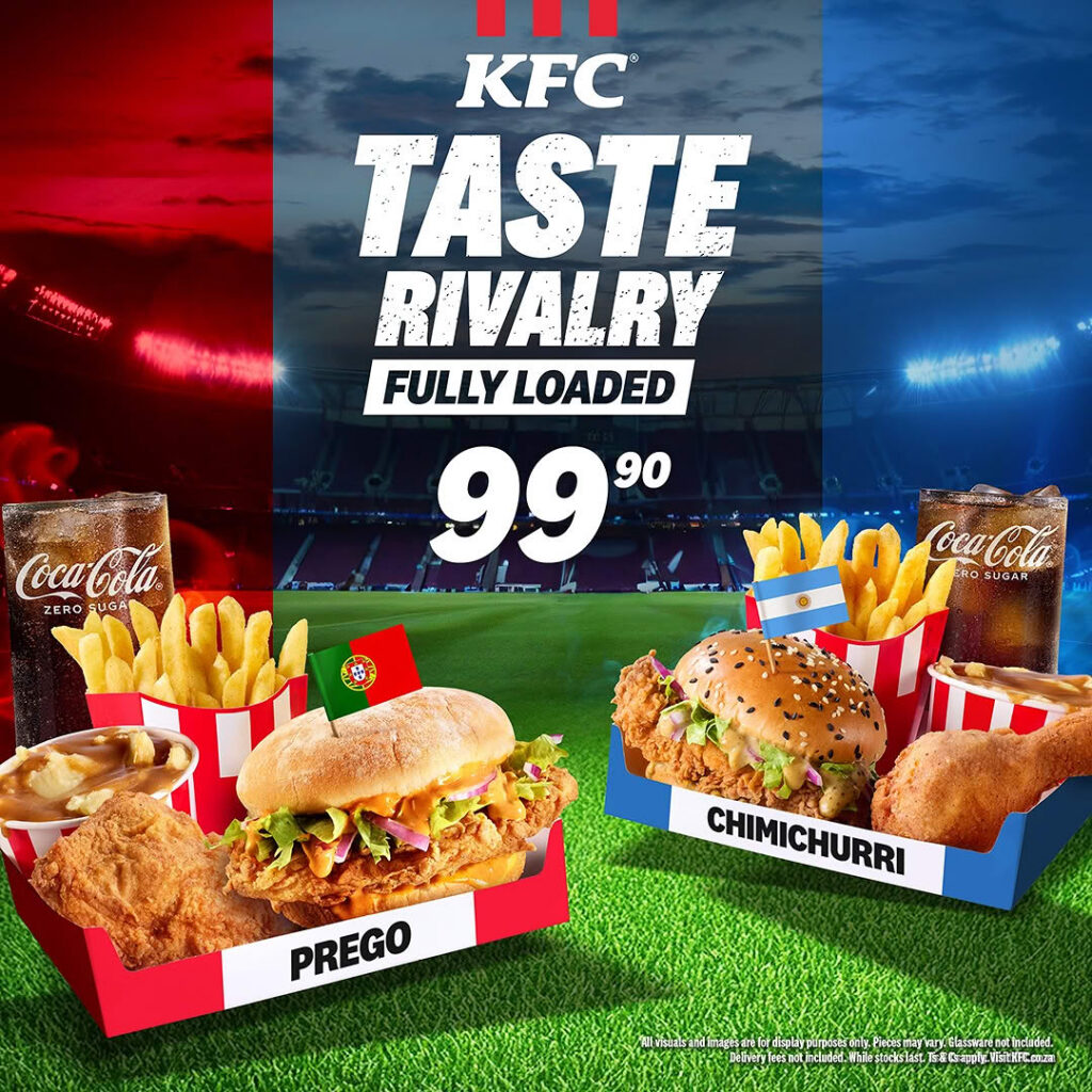 KFC Taste Rivalry Fully Loaded meals: Team Prego burger with a Portuguese flag vs Team Chimichurri burger with an Argentinian flag, R99.90